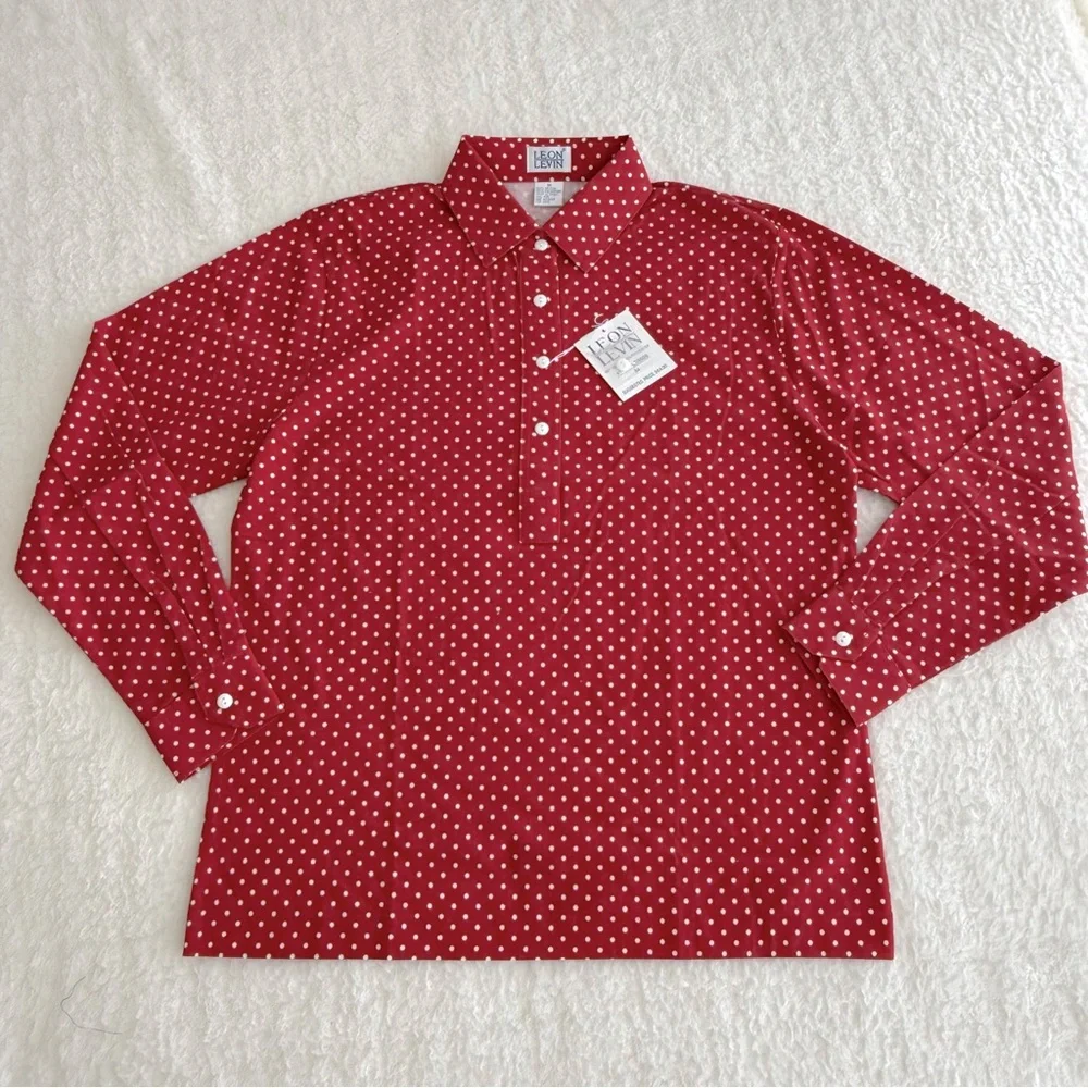 Leon Levin Women's Vintage Red and White Polka dot Pattern Long Sleeve Polo, M